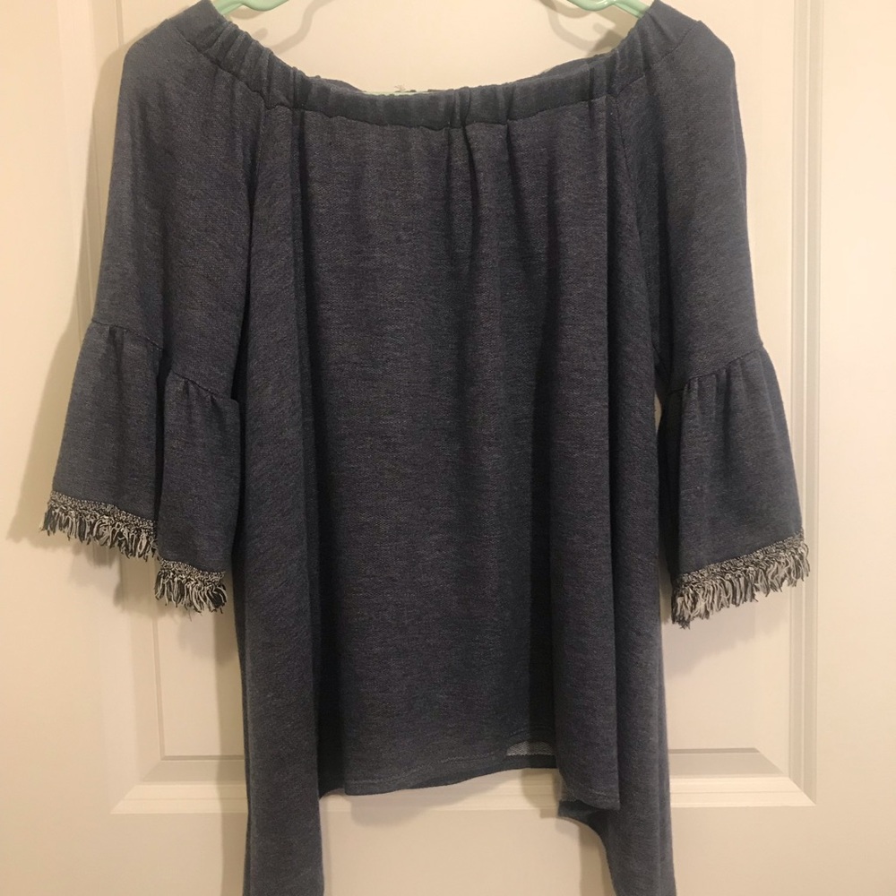 Off-the-Shoulder Blue Top with Fringe